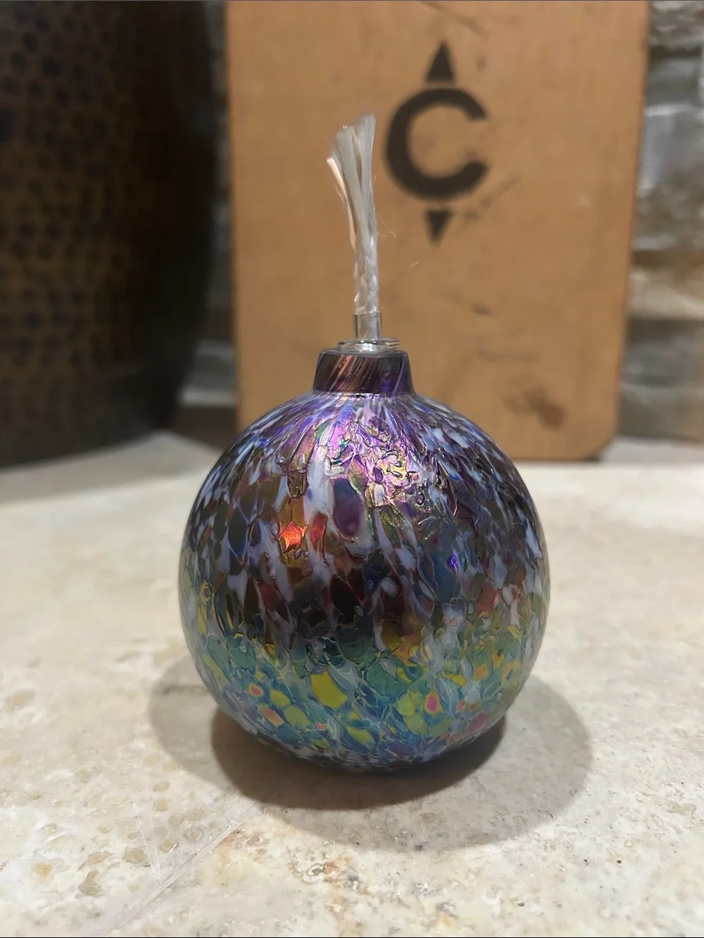 Handblown Glass Oil Diffuser Orb in Iridescent Blue-Purple Carnival Glass